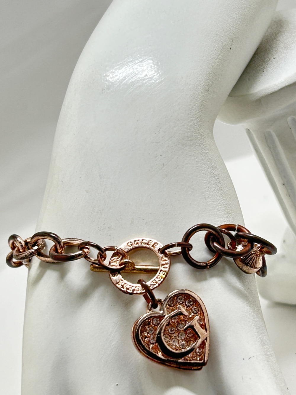 Guess, Rose Gold Double Heart Charm Bracelet, Crystals